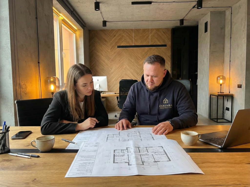 Michał Zaremba omawia plany architektoniczne z klientką w biurze Zaremba Construction
