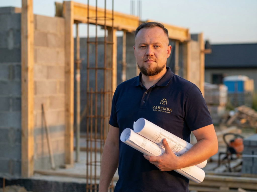 Michał Zaremba z planami architektonicznymi na placu budowy domu w Małopolsce