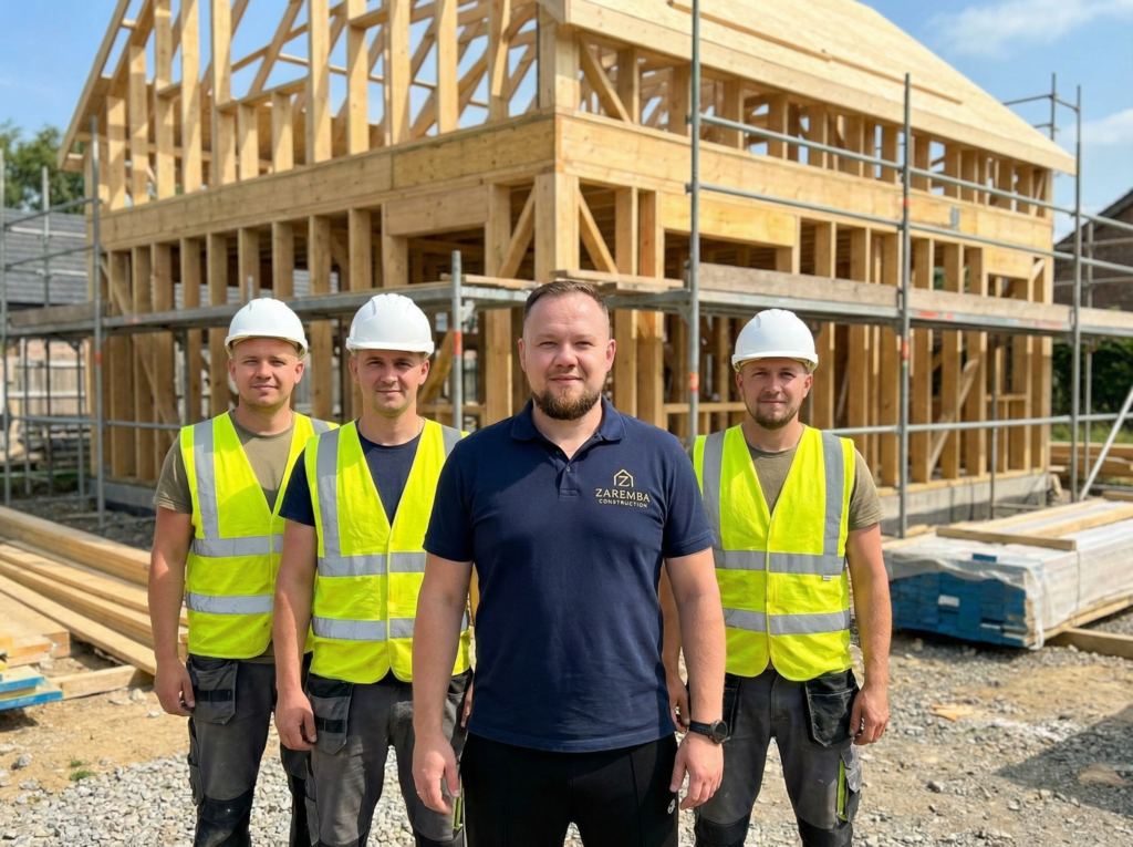 Michał Zaremba z ekipą budowlaną Zaremba Construction na budowie domu szkieletowego
