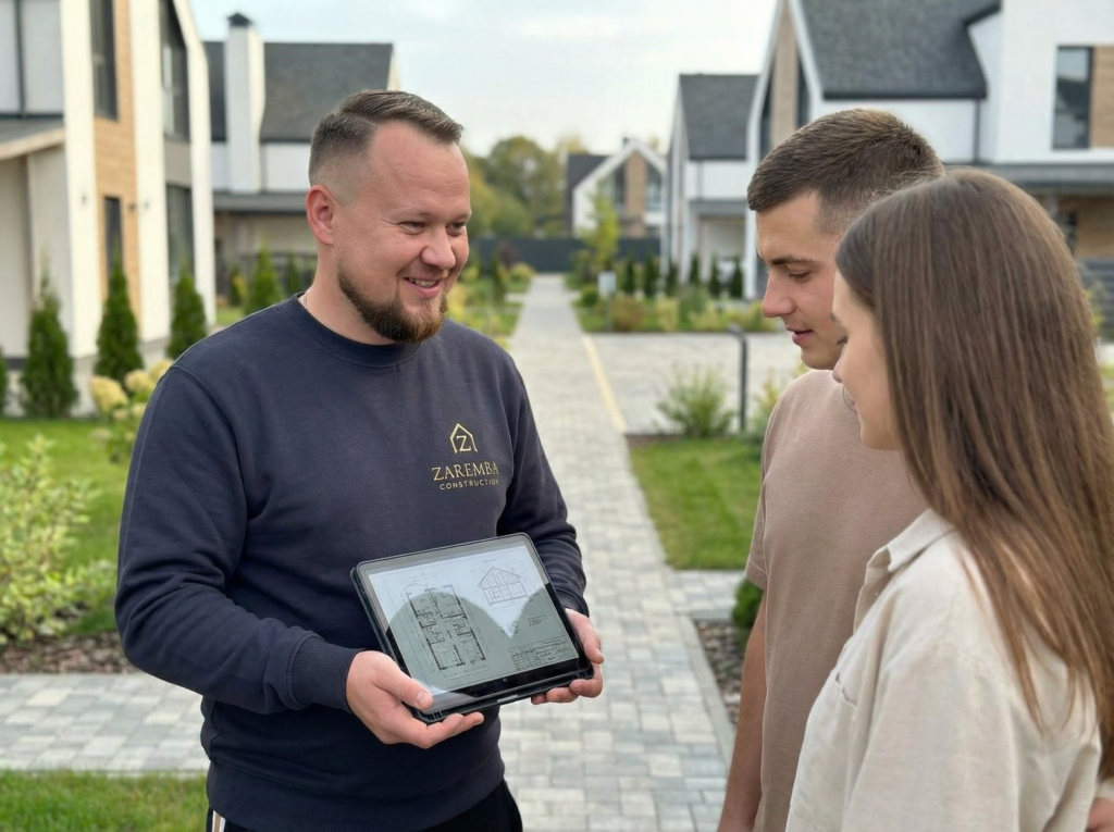 Michał Zaremba z Zaremba Construction pokazuje projekt domu na tablecie młodej parze